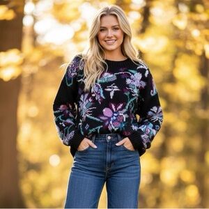 Cape Isle Knitters Vintage Hand Knit Crew Neck Floral Sweater Size Large